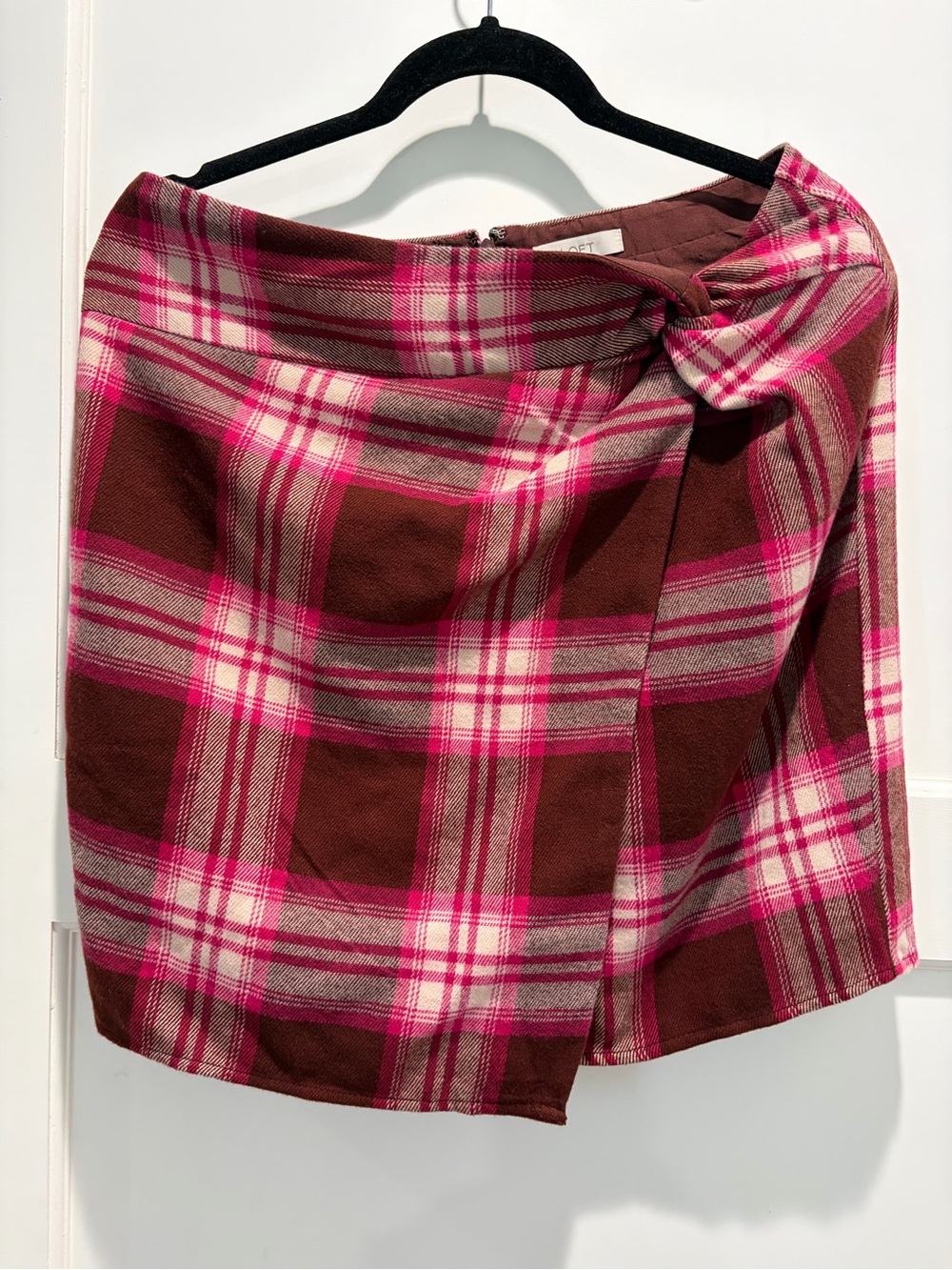 LOFT Pink, Cream, Burgundy,  Plaid Wrap, Flannel, Fully Lined, Mini Skirt